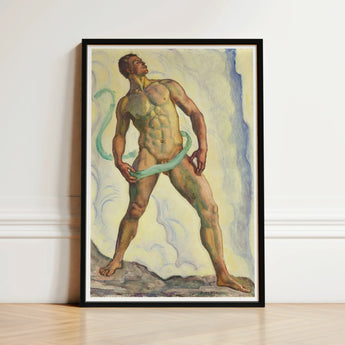 Framed Artwork Muscular Nude Male Figure Green Ribbon-like Ferdinand Hodler, Signed, Form Pienezza, Primordial Force Made, Flesh, Standing,