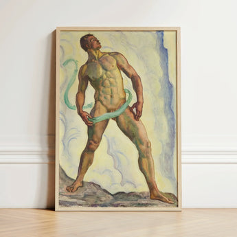 Framed Painting Muscular Nude Male Figure Green Ribbon-like Ferdinand Hodler, Signed, Form Pienezza, Primordial Force Made, Flesh,