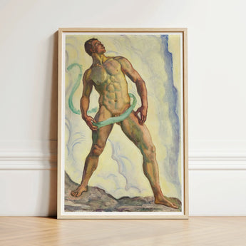 Framed Painting Muscular Nude Male Figure Green Ribbon Ferdinand Hodler, Signed, Form Pienezza, Primordial Force Made, Flesh, Standing,