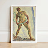 Framed Watercolor Painting Muscular Nude Male Figure Green Ferdinand Hodler, Signed, Form Pienezza, Primordial Force Made, Flesh, Standing,