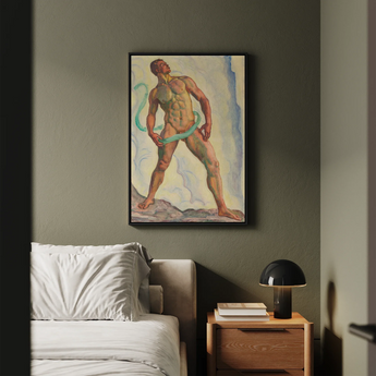 Fullness - Ferdinand Hodler Art Print / Canvas Framed Painting Muscular Nude Male Figure Green Ribbons, Signed, Form Pienezza, Primordial