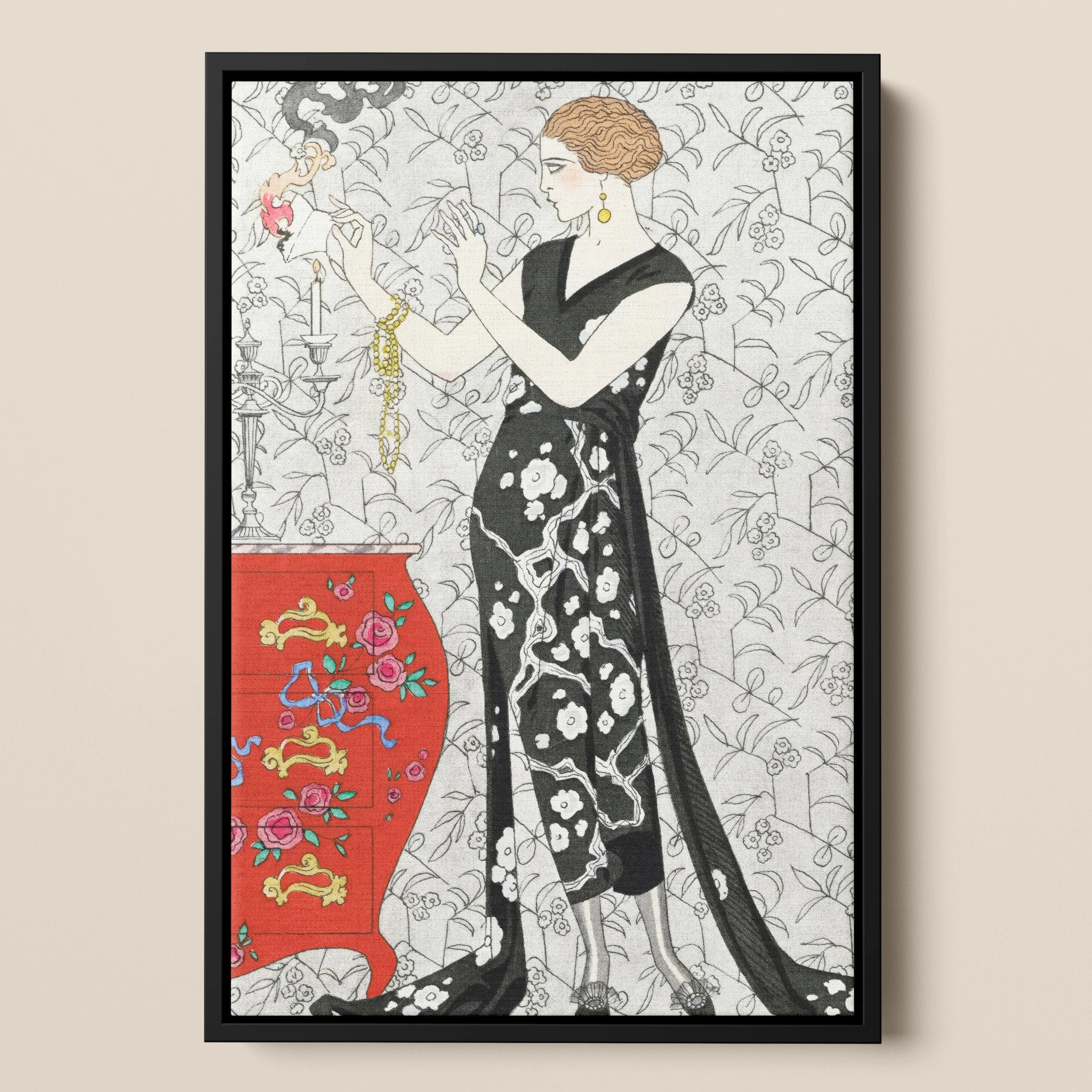 Fumée George Barbier 1920s Fashion Art Framed Canvas, Elegant Woman Long Black White Patterned Dress Necklace