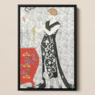 Fumée - George Barbier 1920s Fashion Art Framed Canvas, Elegant Woman Long Black White Patterned Dress Necklace