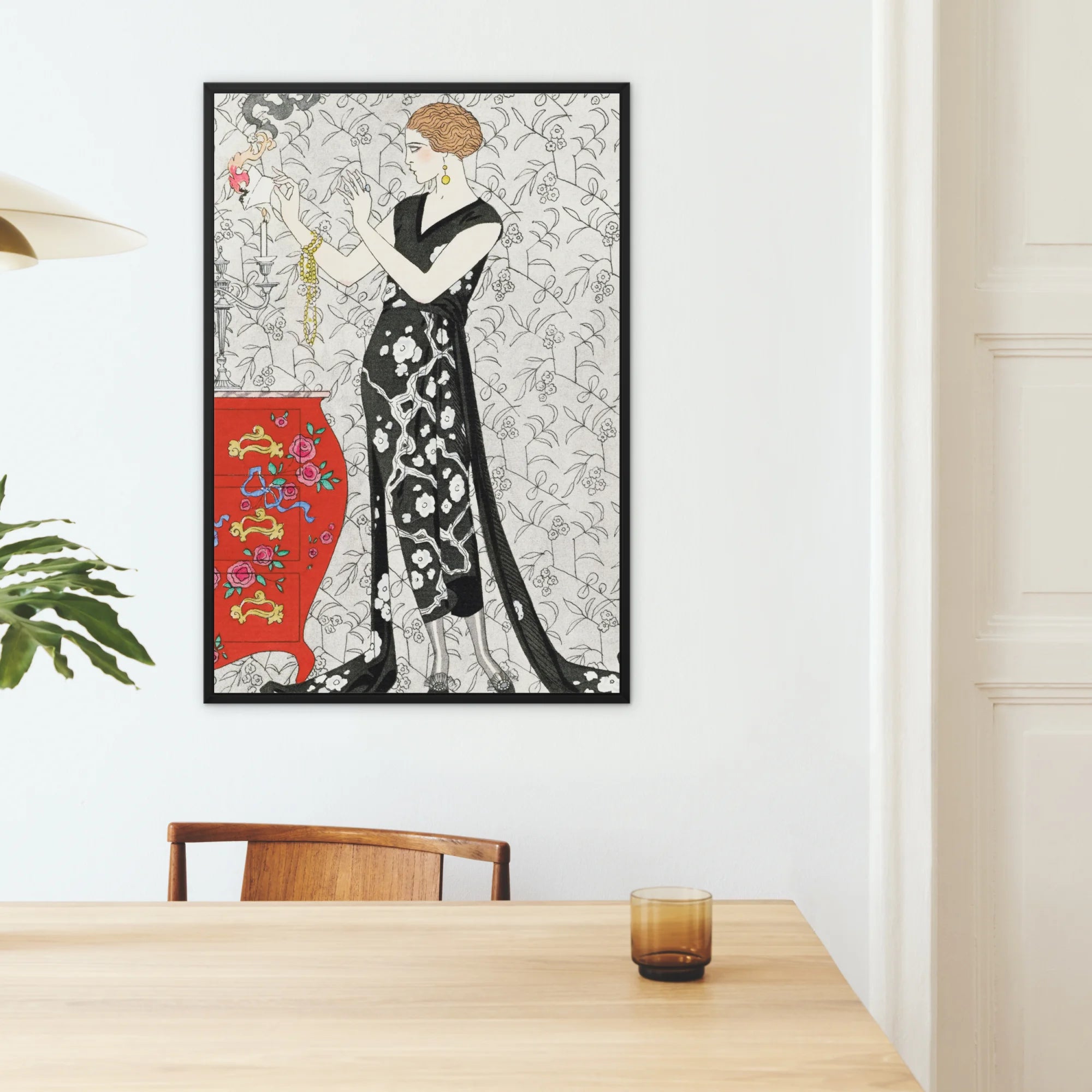 Fumée - George Barbier 1920s Fashion Art Framed Canvas, Framed Japanese-style Artwork Figure Elegant Black White Floral