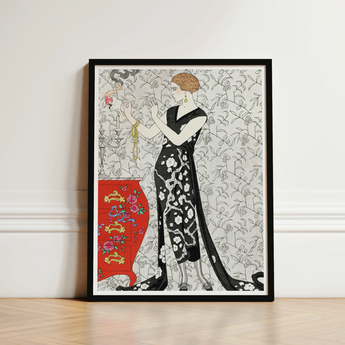 Fumée - George Barbier 1920s Fashion Art Print / Canvas Black-framed Deco-style Illustration Woman Black White, Parisian Haute Couture,