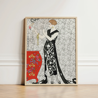 Fumée - George Barbier 1920s Fashion Art Print / Canvas Artistic Framed Woman Elegant Black White Patterned, Parisian Haute Couture,