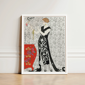 Fumée - George Barbier 1920s Fashion Art Print / Canvas Artistic Framed Woman Elegant Black White Patterned, Parisian Haute Couture,