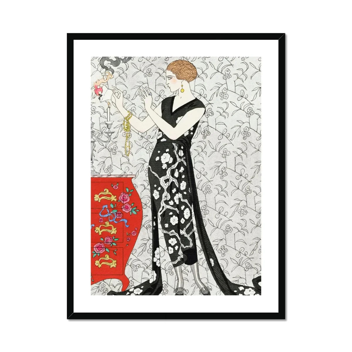 Fumée - George Barbier 1920s Fashion Art Print, Elegant Figure Black White Patterned Dress Art Nouveau
