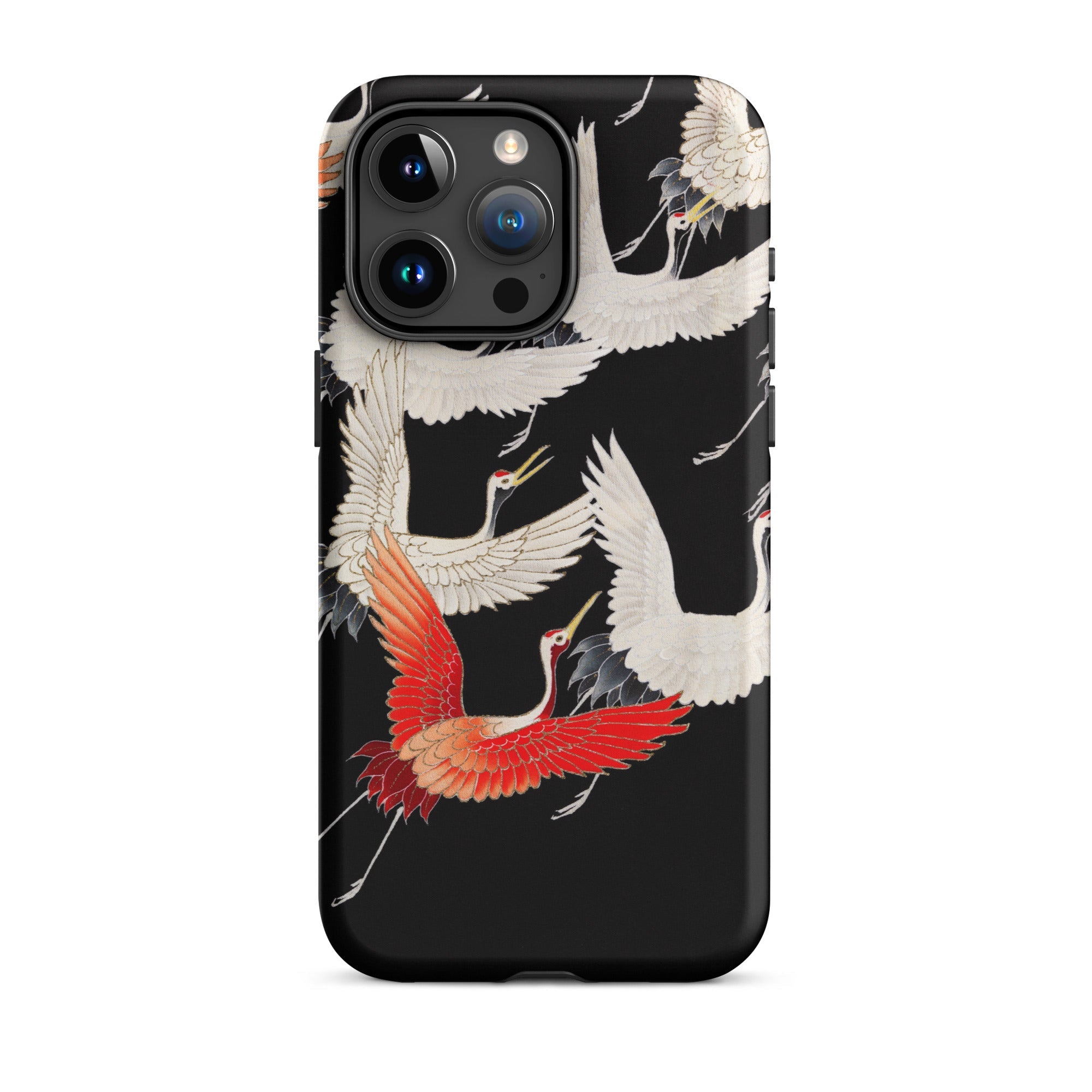 Furisode with Myriad of Flying Cranes Iphone Case, 15 Pro Max / Matte, Black Iphone Case Vibrant Crane Bird Pattern