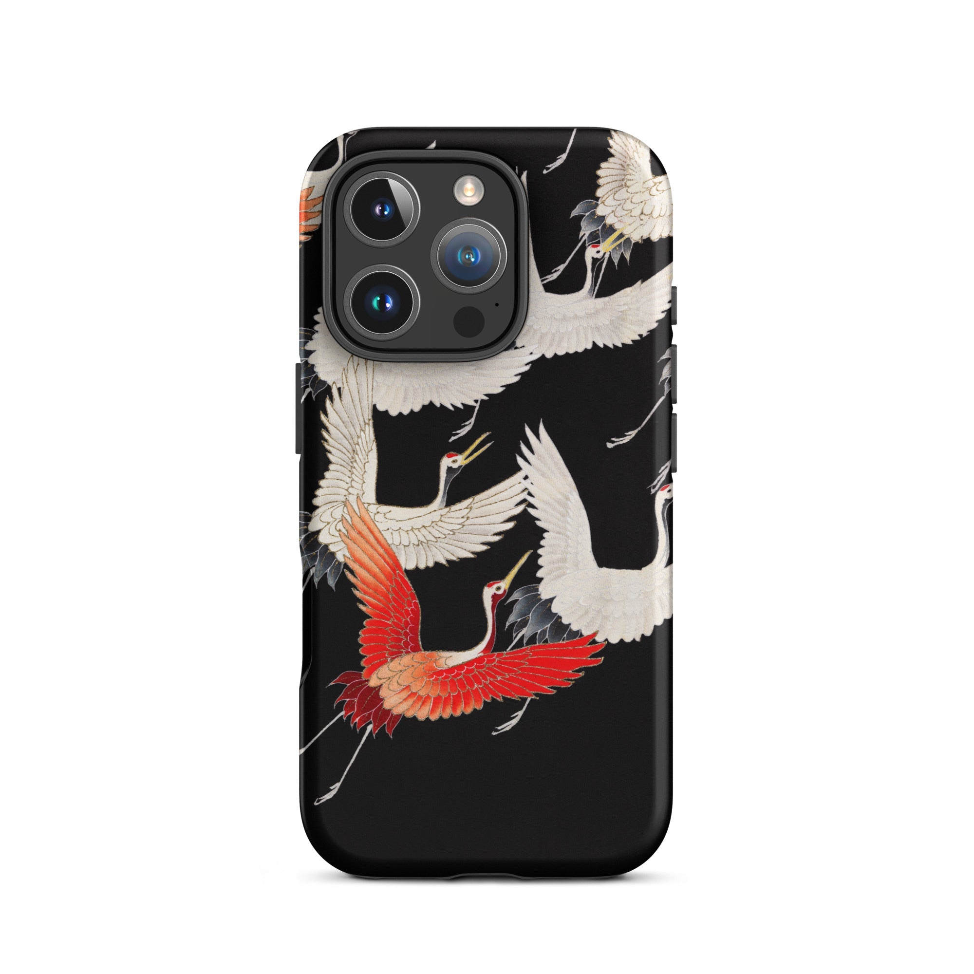 Furisode with Myriad of Flying Cranes Iphone Case, 16 Pro / Matte, Black Iphone Case Japanese Crane Pattern