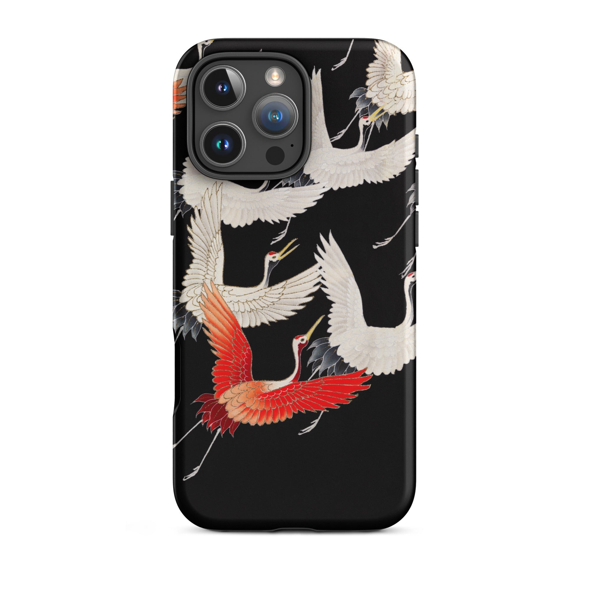 Furisode with Myriad of Flying Cranes Iphone Case, 16 Pro Max / Matte, Black Iphone Case Vibrant Red White Crane Design