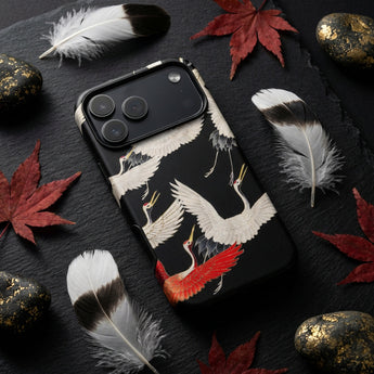 Furisode with Myriad of Flying Cranes Phone Case Black Phone Case Detailed Illustration White Red Cranes Ivory Wings Sharpened, Scarlet