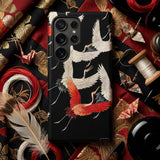 Furisode with Myriad of Flying Cranes Phone Case Black Phone Case Intricate White Red Crane Illustrations Ivory Wings Sharpened, Scarlet