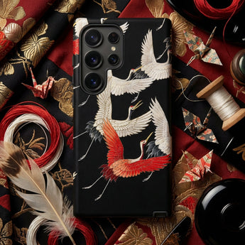 Furisode with Myriad of Flying Cranes Phone Case Black Phone Case Intricate White Red Crane Illustrations Ivory Wings Sharpened, Scarlet