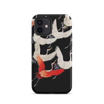 Furisode with Myriad of Flying Cranes Phone Case Iphone 12 / Matte Black Iphone Case Japanese Crane Pattern Ivory Wings Sharpened, Scarlet