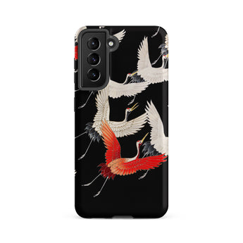 Furisode with Myriad of Flying Cranes Samsung Case, Galaxy S21 Fe / Matte, Black Smartphone Case Pattern White Red Cranes