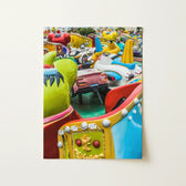 Vibrant Colorful Children’s Ride Vehicles Playful Amusement Park Giclée Print, Enchanting Collection