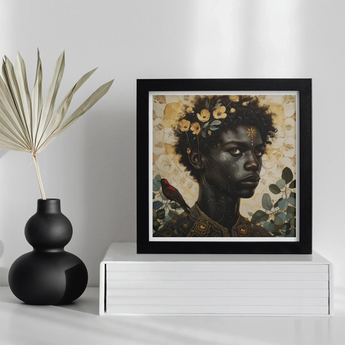 The one - Gay Black God Art Print / Canvas Framed Portrait Painting Figure Adorned Floral Elements Golden, Queer, Bold Statements Prints