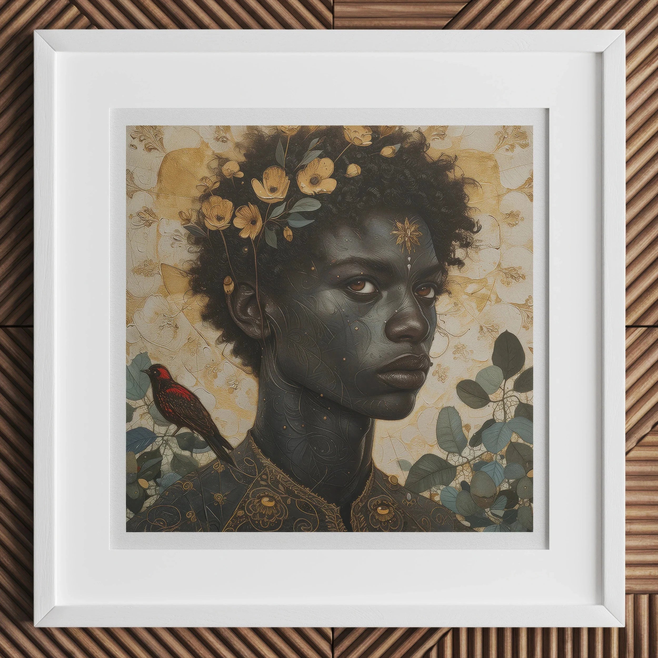 The one - Gay Black God Art Print, Framed Portrait Painting Person Flowers Hair Bird Nearby