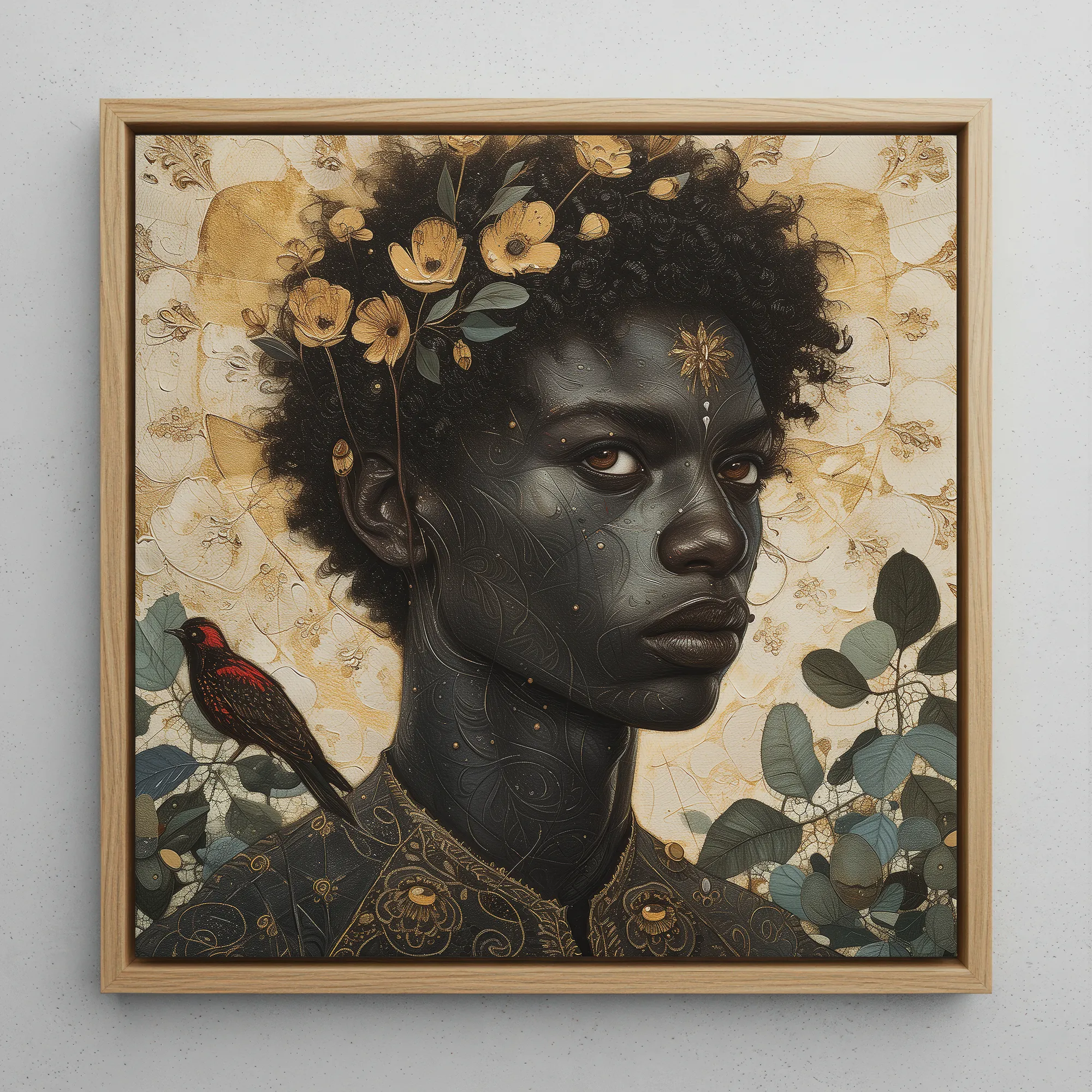 The one - Gay Black God Framed Canvas, 12x12’’ / 31x31cm / Natural Floating Frame, Framed Painting Person Dark Skin Hair Adorned Flowers
