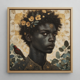 The one - Gay Black God Framed Canvas, 12x12’’ / 31x31cm / Natural Floating Frame, Framed Painting Person Dark Skin Hair Adorned Flowers