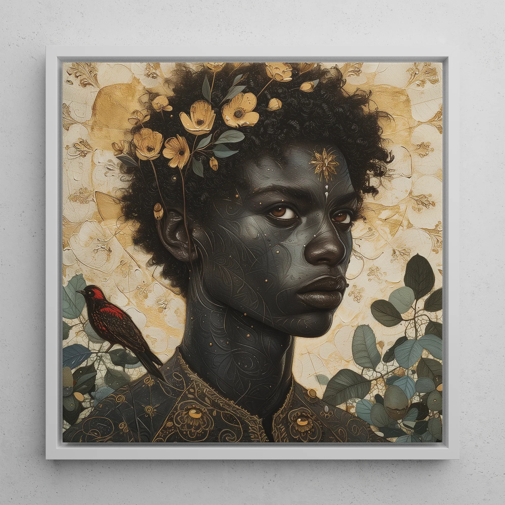The one Gay Black God Framed Canvas, 12x12’’ / 31x31cm / White Floating Frame, Framed Portrait Dark Skinned Person Floral Adornments