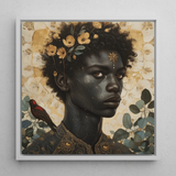 The one - Gay Black God Framed Canvas, 12x12’’ / 31x31cm / White Floating Frame, Framed Portrait Dark-skinned Person Floral Adornments
