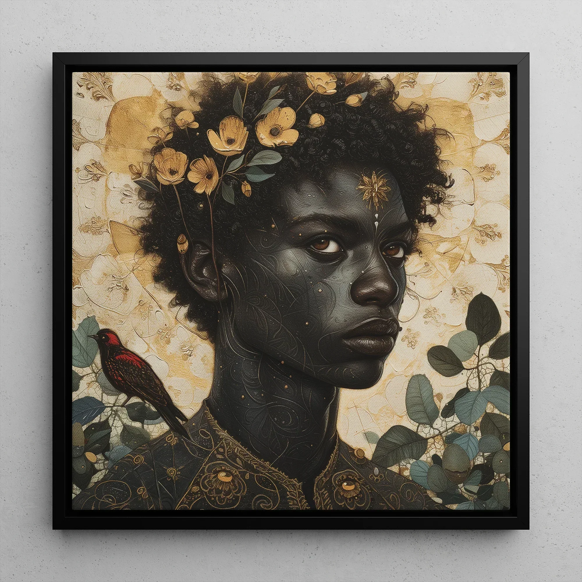 The one - Gay Black God Framed Canvas, 12’’x12’’ / Floating Frame, Framed Portrait Dark-skinned Person Floral Adornments