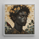The one - Gay Black God Framed Canvas, 12’’x12’’ / White Floating Frame, Framed Portrait Dark-skinned Person Floral Adornments