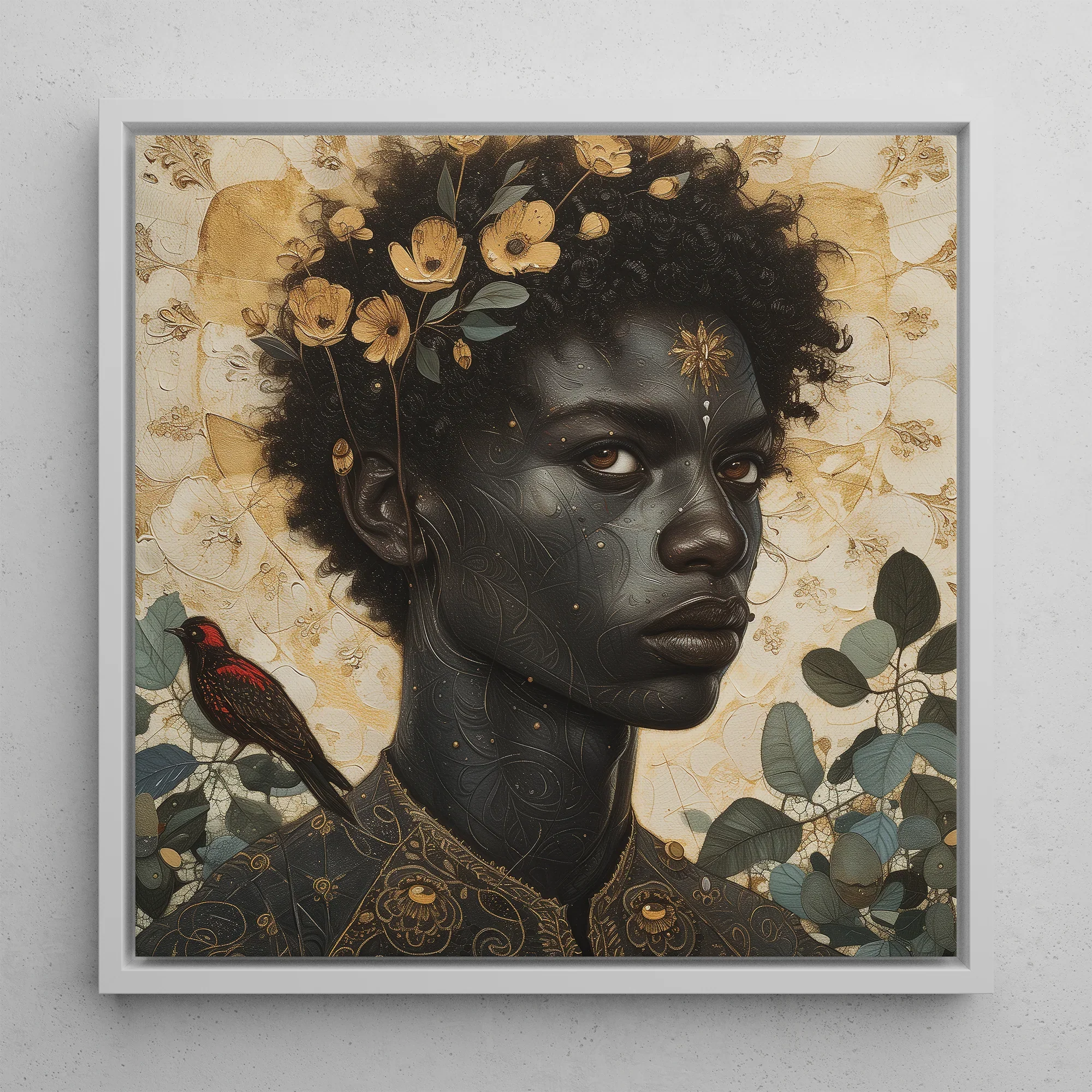 The one - Gay Black God Framed Canvas, 12’’x12’’ / White Floating Frame, Framed Portrait Dark-skinned Person Floral Adornments