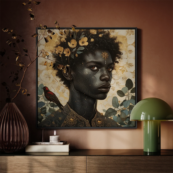 The one - Gay Black God Framed Canvas, Framed Portrait Dark-skinned Person Adorned Flowers Bird
