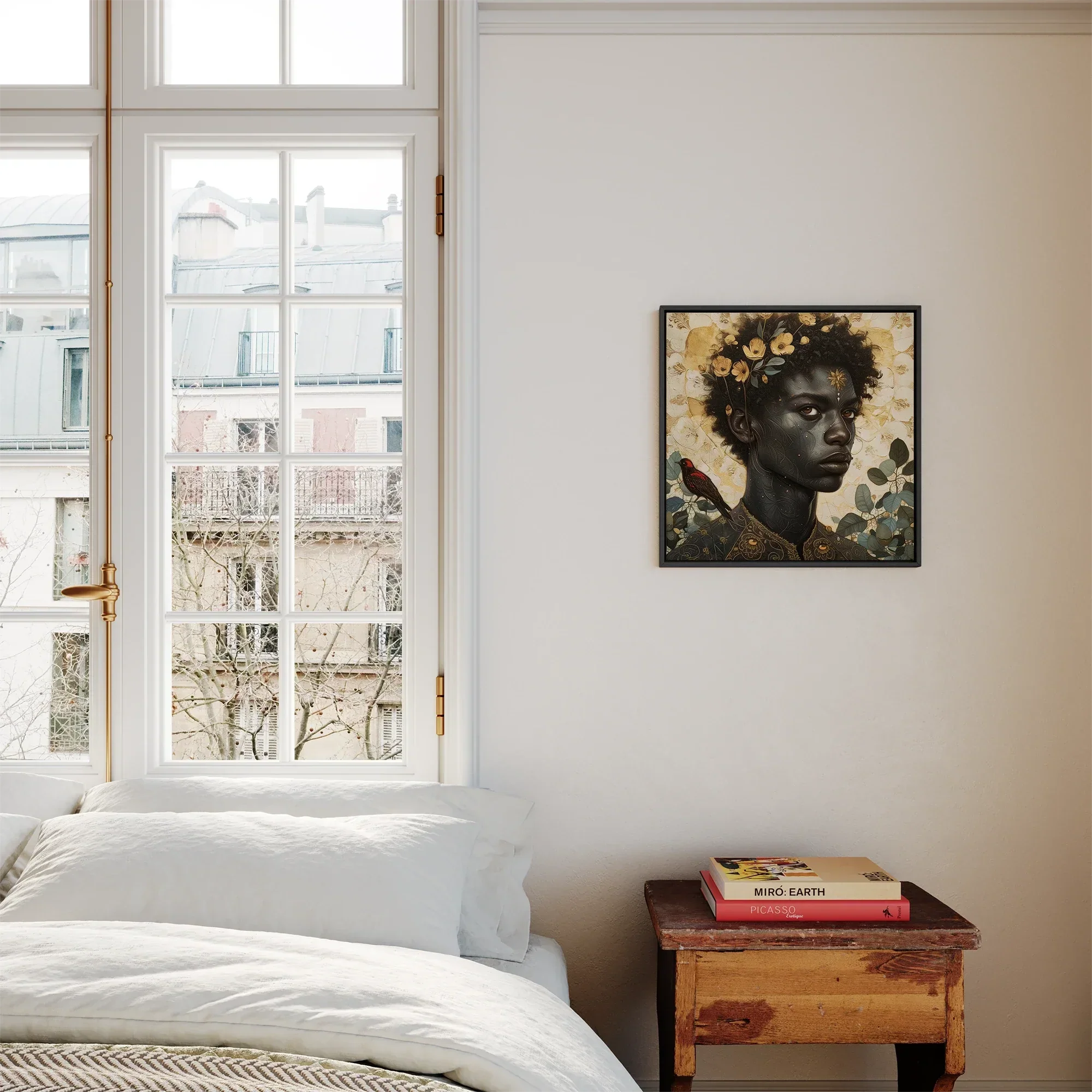 The one - Gay Black God Framed Canvas, Framed Portrait Dark-skinned Person Floral Crown
