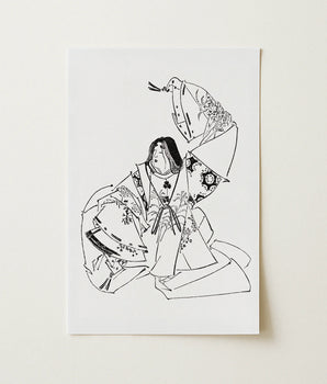 Black-and-white Line Art Print Traditional Japanese Figure Ornate Zenken Kojitsu, Open, Kikuchi, Yosai, Geisha Turns