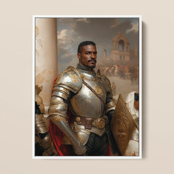 The General - Vintage Gay Military Art Framed Canvas, 12x16’’ / 31x41cm / White Floating Frame, Portrait Man Ornate Armor Shield