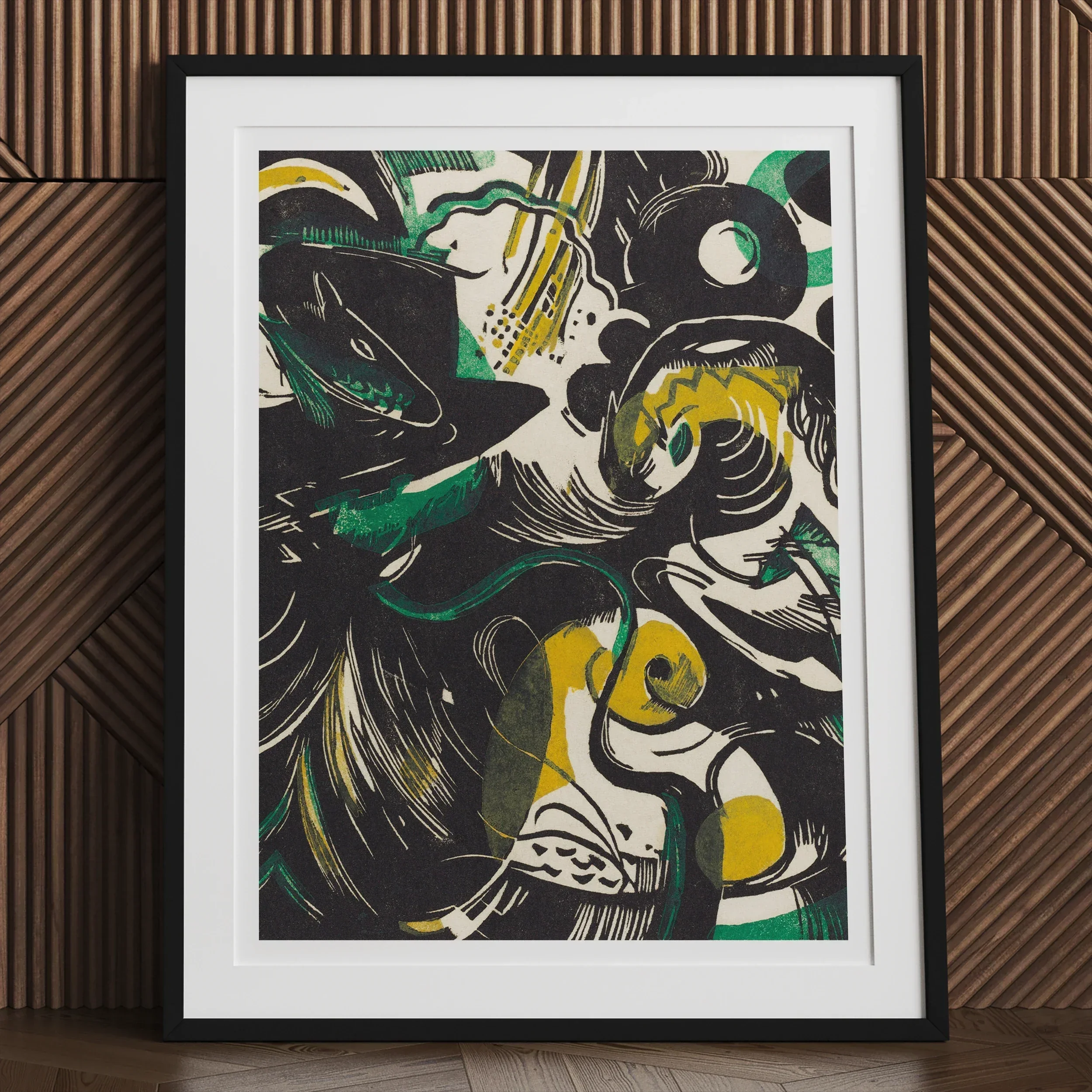 Genesis Ii - Franz Marc Abstract Expressionist Art Print, Framed Abstract Artwork Black Yellow Green Shapes Dynamic