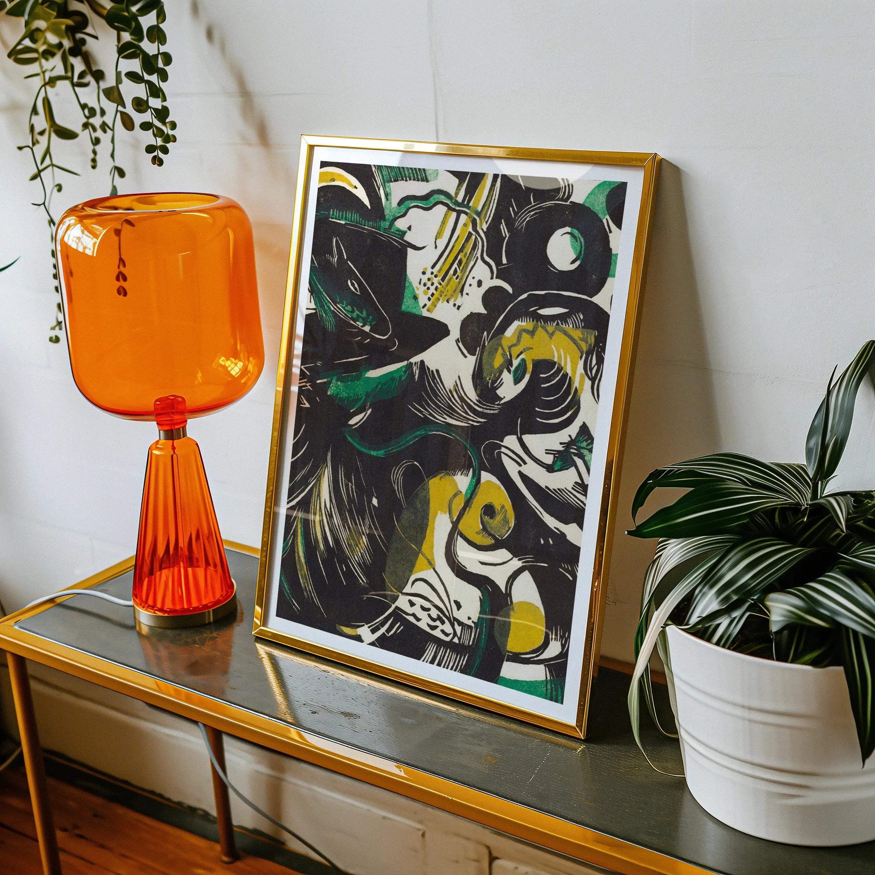 Genesis Ii - Franz Marc Abstract Expressionist Art Print, Modern Abstract Artwork Black Green Yellow Patterns Gold
