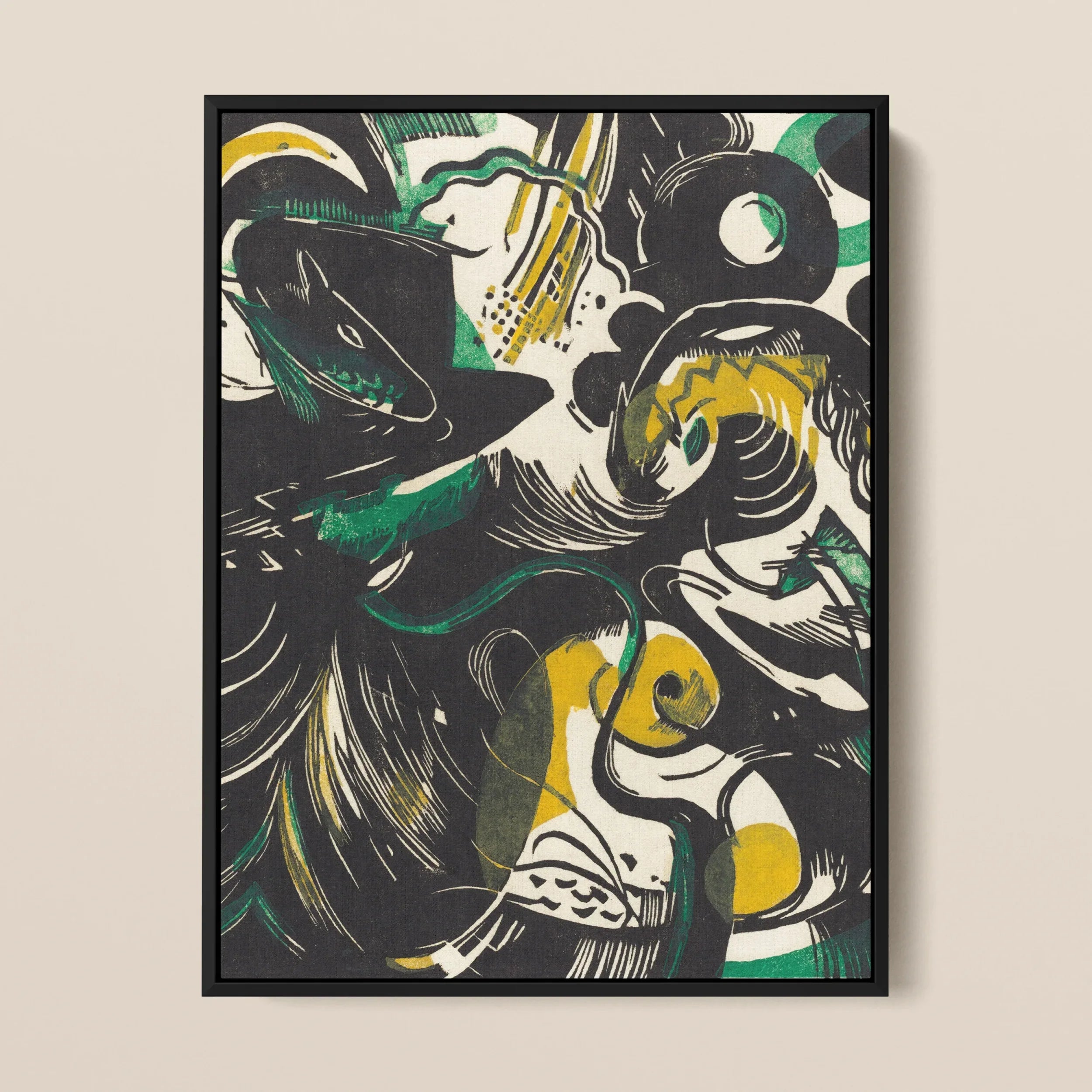 Genesis Ii - Franz Marc Expressionist Art Framed Canvas, Abstract Painting Shapes Black Green Yellow