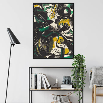 Genesis Ii - Franz Marc Expressionist Art Framed Canvas, Abstract Art Piece Patterns Black Yellow Green Colors