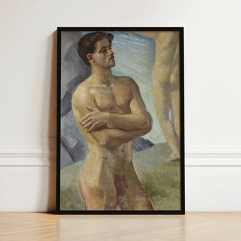 Framed Painting Nude Male Figure Arms Crossed Rendered Bathing Men, Man, Georg Pauli’s Badande, Män, Holds, Companion’s Legs Edge, Art,