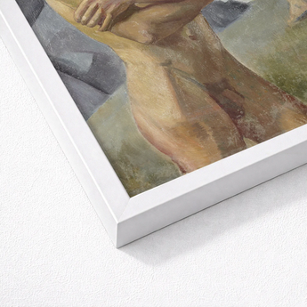 White Framed Art Print Classical Painting Earthy Tones Bathing Men, Nude Man, Georg Pauli’s Badande, Män, Holds, Companion’s Legs Edge