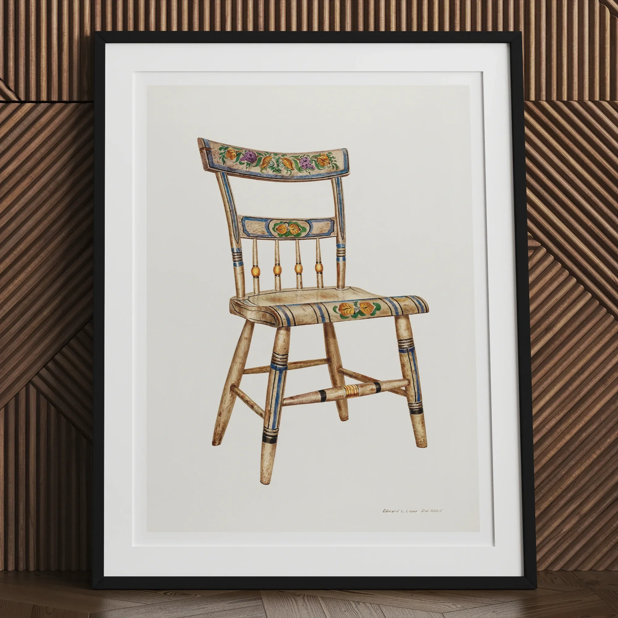 German Chair - Edward L. Loper 1930s Folk Art Print, Colorfully Painted Wooden Chair Floral Designs Seat