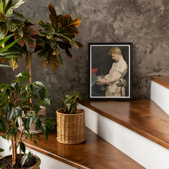 Germanic Warrior with Helmet - Osmar Schindler Art Print, Framed Vintage-style Portrait Photograph Wooden Stairs Alongside Potted