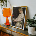 Germanic Warrior with Helmet Osmar Schindler Art Print, Vintage Framed Portrait Painting Alongside Orange Glass Table