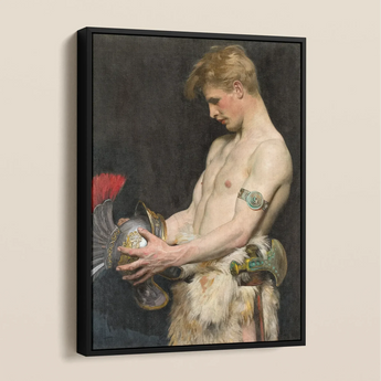 Germanic Warrior with Helmet - Osmar Schindler Framed Canvas, Classical Oil Painting Shirtless Figure Decorative Helmet Red