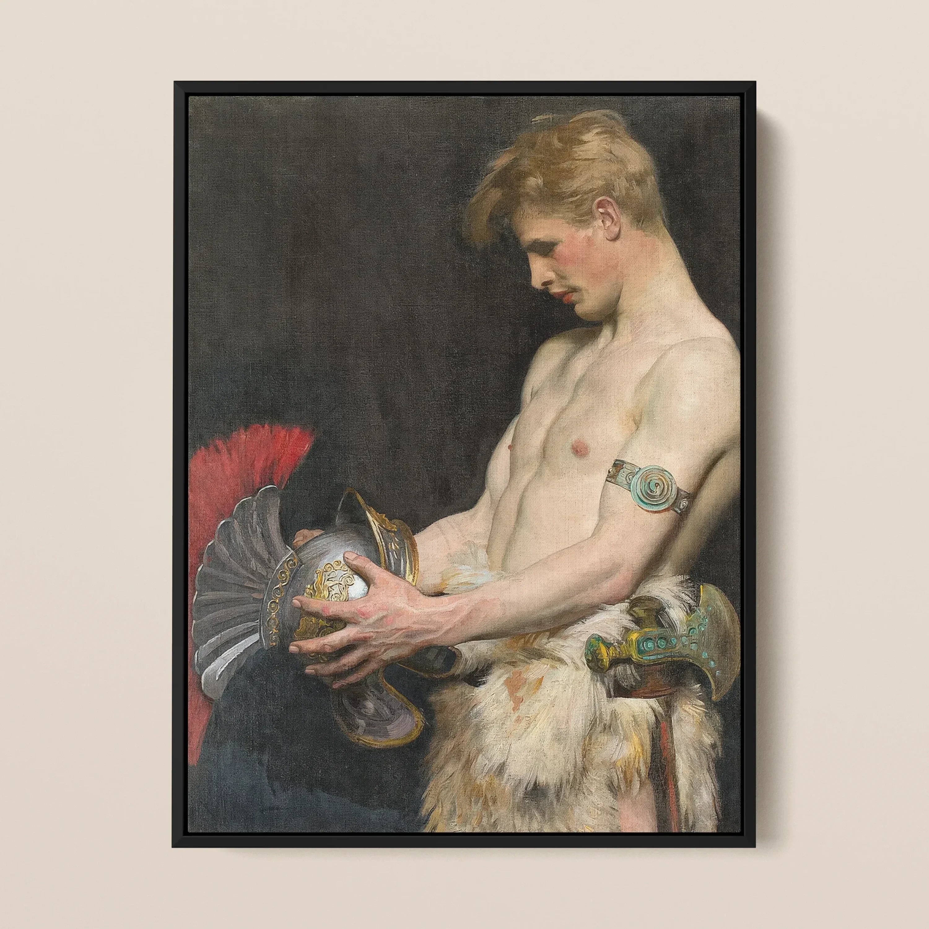 Germanic Warrior with Helmet Osmar Schindler Framed Canvas, Classical Painting Shirtless Young Man Roman Soldier’s Helmet