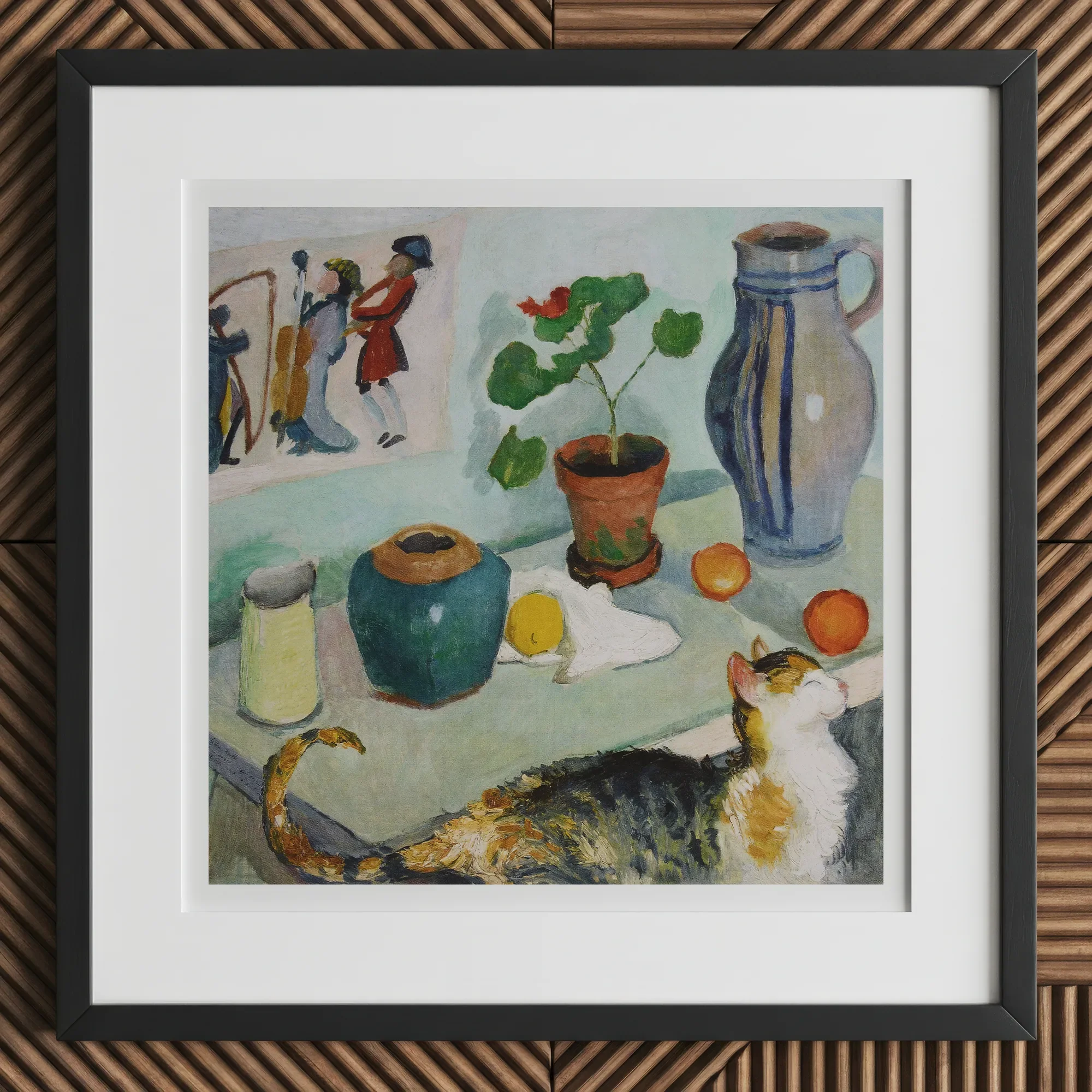 Ghost in the House Stalls - August Macke Art Print, 12x12’’ / 31x31cm / Black Frame, Framed Life Painting Calico Cat