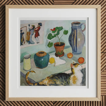 Ghost in the House Stalls - August Macke Art Print, 12x12’’ / 31x31cm / Natural Frame / 2’’ Matboard, Framed Still-life Painting Cat Plants