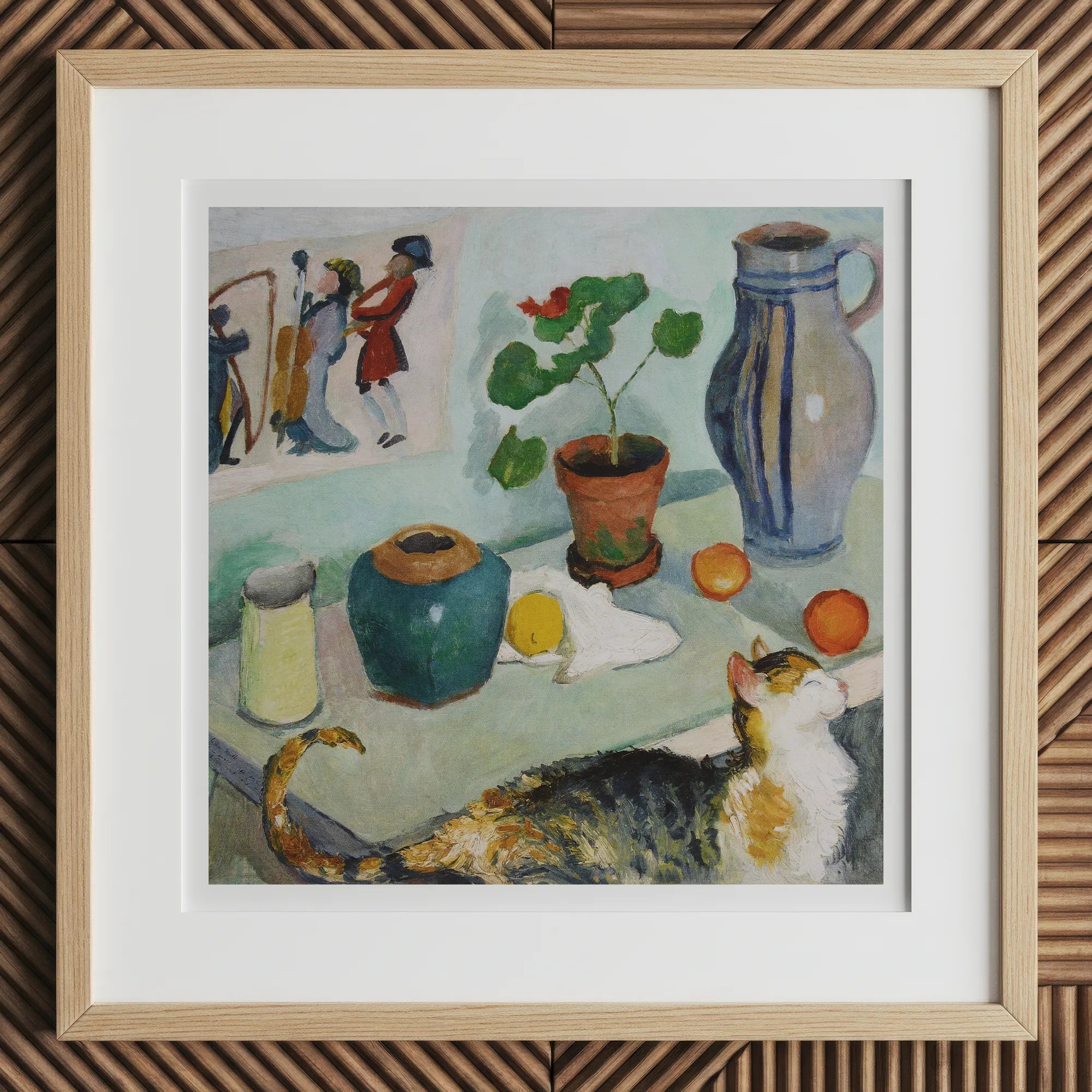 Ghost in the House Stalls - August Macke Art Print, 12x12’’ / 31x31cm / Natural Frame, Framed Still-life Painting Cat Plants Pottery