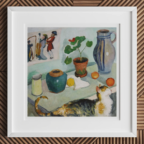 Ghost in the House Stalls - August Macke Art Print, 12x12’’ / 31x31cm / White Frame / 2’’ Matboard, Framed Still-life Painting Cat