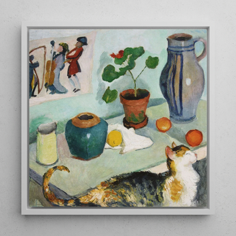 Ghost in the House Stalls - August Macke Art Print / Canvas Framed Painting Life Calico Cat Potted Plant Ceramic August Macke’s Whimsical